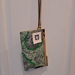 Anne Klein NWT Green Black White Floral Paisley Wristlet Clutch